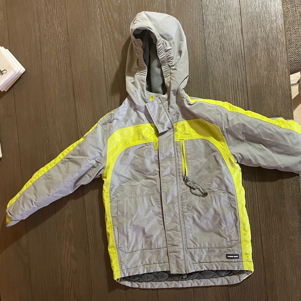 Lands’ End, size Small (8), boys winter coat, waterproof, windproof, gray/green